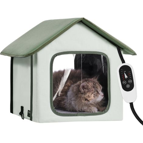 Maison Chat Surélevée Chauffante, Niche Chat Extérieur avec Coussin Chauffant, Température Réglable, Minuterie, Abri d'Hiver pour Chats Pliable en Tissu Oxford 600D pour Rester au Chaud, Vert, S (1/5)