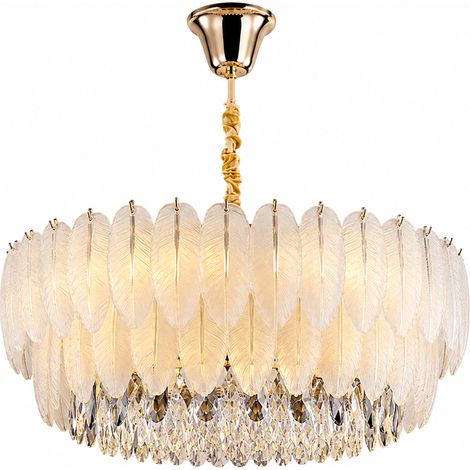 Grand Lustre Plume Cristal D75, Suspension Plafond Dorée E14 pour Salon, Salle à Manger et Restaurant