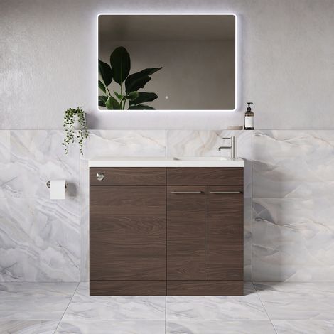 Napoli 250 Brown Oak 1000mm 2 Door Vanity Unit Toilet Suite with Round Silvo Basin - 1000mm - Chrome 160mm HandleWithout Jubilee Toilet Pan