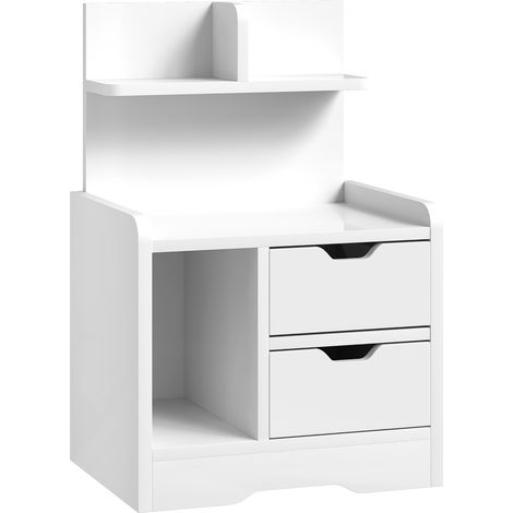 Comodino 40x30x60 cm con 2 Cassetti e Mensole Portaoggetti in Legno Bianco Lucido (1/5)