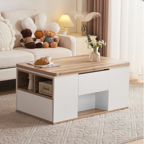 Tavolino rialzabile 100x51x47 cm con piano pieghevole, 2 ante portaoggetti, 2 cassetti e ripiano, bianco e naturale (1/5)