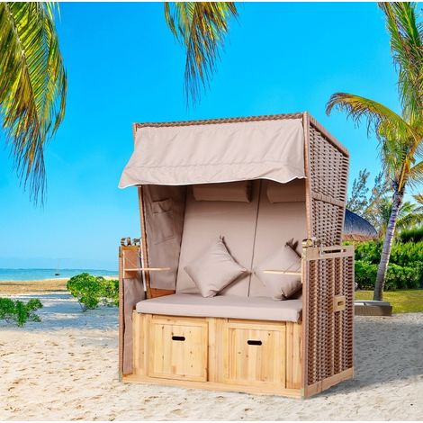 Chaise de plage double en rotin beige, dossier inclinable, repose-pieds, tables rabattables et coussins (1/5)