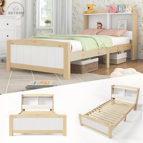 Lit simple avec tête de lit coffre en bois massif, cadre de lit 90 x 200 cm avec sommier à lattes, lit en bois avec tête de lit, lit enfant,pin massif naturel et blanc (sans matelas ni tiroirs) (1/5)