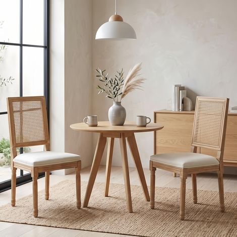 Lot de 2 Chaises Bois - Dossier Rotin Assise Lin Cadre Bois Vieilli - Style Campagne Chic, Beige (1/5)