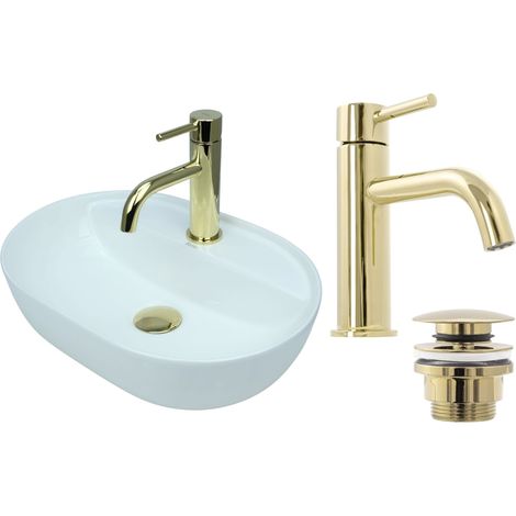 GTM Design Aufsatzwaschbecken 50 cm Glanz Set mit Waschtischbatterie und Stopfen - Aufsatzwaschbecken Oval für Badezimmer - Modernes Waschbecken ohne Hahnloch - Waschbecken mit Armature (1/5)