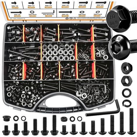 Coffret de 700 Boulons à Embase à Tête Hexagonale, Vis à Bride en Acier Carbone Noir Haute Résistance Classe 10.9 avec Écrous et Rondelles, Kit de Visserie Métrique Multi-Tailles pour Mécanique, Autom (1/3)