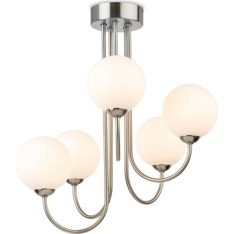 Firstlight Lyndon 5 Light Globe Flush Fitting Acier Brossé avec Verre Blanc Opale