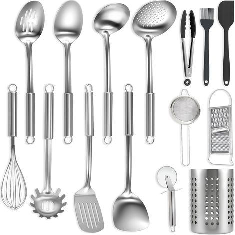 15 ustensiles de cuisine, acier inoxydable, spatule silicone, louche, fouet, rangement cuisine