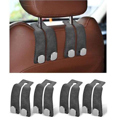 Crochets pour appuie-tête de voiture (lot de 4) – Crochets doubles de rangement pour dossier de siège – Pour suspendre sacs à main et sacs – Support en cuir – Gris (1/5)