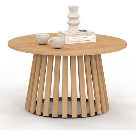 Idmarket – Table basse ronde CARMEN 70 cm – Pied bois en lattes – Plateau bois naturel – Design contemporain pour intérieur moderne