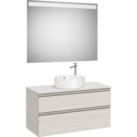 Pack meuble "The gap" 1000 pour vasque à poser- 2 tiroirs + plan + miroir LED - frêne nordic/poignées nickel mat - Roca (1/2)