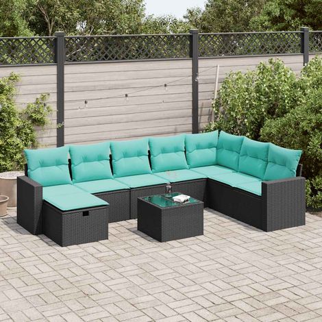 Salon de jardin 9 pièces avec coussins bleus, résine tressée noire et rangement - PANGIVO (1/5)