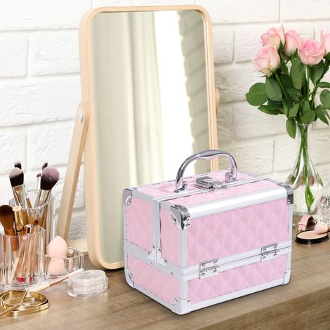 Mallette à maquillage rangement à 3 niveaux avec miroir verrouillage avec 2 clés dim. x 20L 15l x 15H cm rose