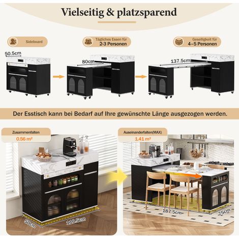 Îlot de cuisine mobile sur roulettes, table extensible avec prises électriques et verre strié, buffet avec tiroir, console de rangement pour cuisine et salle à manger (Noir) (1/5)