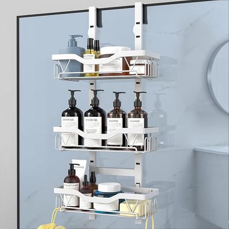 Douche à Suspendre, Rangement Douche sans Percage, Blanc,Aver 3 PCS Reglable Panier a Suspendre pour le Gel et le Shampooing (1/5)