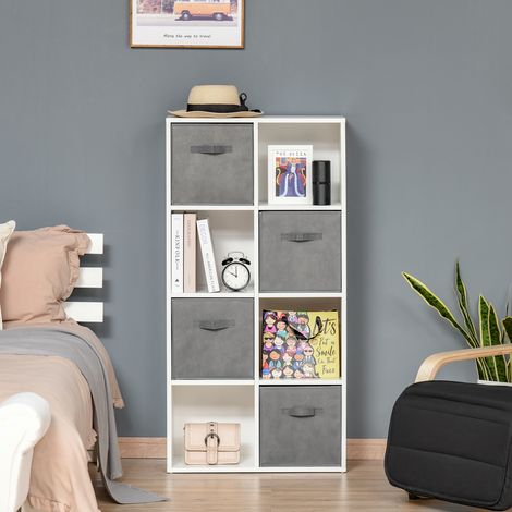 Estantería para Libros de 8 Cubos Librería Modular con 4 Cajones Extraíbles de Tela no Tejida para Oficina Estudio Dormitorio 61,5x30x121,6 cm Blanco y Gris (1/5)