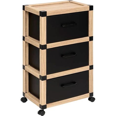 Tour de Rangement 3 Tiroirs "Cardy" 46cm Naturel & Noir
