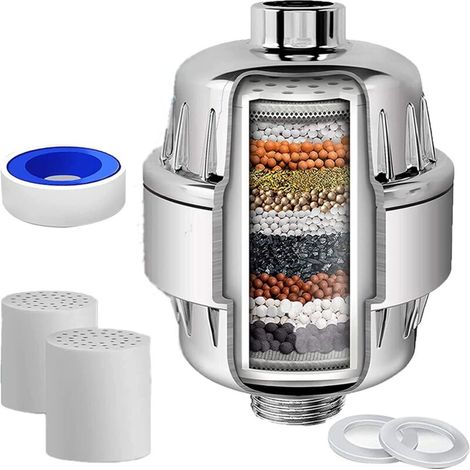 Filtre de douche, filtre à douche chromé, filtre à eau remplaçable universelle, avec 2 éléments filtrants, peut éliminer le chlore et Impuretés dans (1/5)