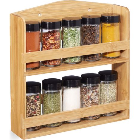 Bamboo Spice Rack, 10 Glass Jars, Spice Display Stand, Wall Organizer, Storage, Natural (1/4)