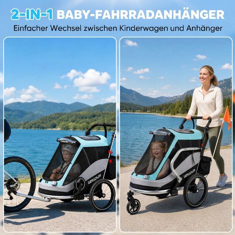 Remorque vélo & poussette 2-en-1 pliable, porte-enfant avec harnais 5 points, réflecteurs, roues pneumatiques 16 pouces, frein (1/5)