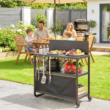 Chariot de Barbecue Desserte de Jardin Mobile avec Pare-vent 3 Niveaux Rideau Oxford 100x46x110cm Noir