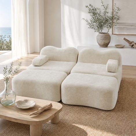 Divano modulare in velluto beige con 2 pouf, design senza struttura e cuscino bracciolo mobile (1/5)