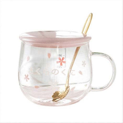 400-ml-Kaffeebecher aus Glas mit Henkel und Deckel, inklusive Löffel, ideal für Tee und Heißgetränke (1/5)