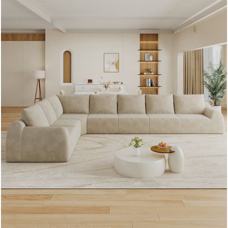 Canapé d'angle compressé 7 places en tissu chenille kaki, mousse haute élasticité, sans montage, pour salon, 401×267 cm (1/5)