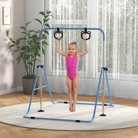 Barre de gymnastique pour enfants, barre horizontale pliable à hauteur réglable et anneaux de gymnastique, bleue (1/5)