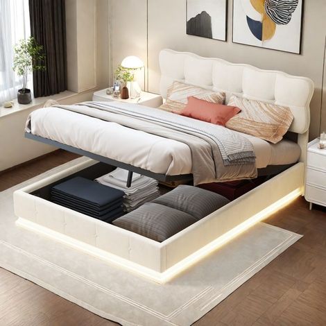Cama con cofre doble 160x200cm - Beige - Almacenamiento hidráulico - LED integrada - Moderna (1/5)