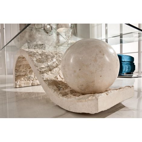 Tavolino Onda 120x70 cm con base in pietra fossile White Agata e piano in vetro temperato rettangolare filo lucido - Design Artigianale (1/5)