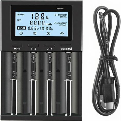 Chargeur de batterie intelligent rechargeable LII-M4 à 4 emplacements avec écran LCD pour batteries lithium NiMH AA/AAA 18650, 26650 et 14500. (1/3)