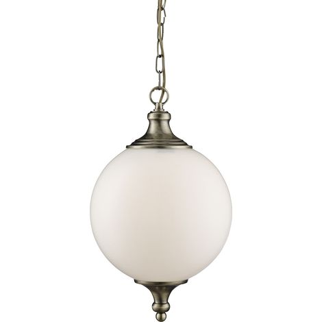 Searchlight Avalon - Sospensione a soffitto a 1 globo di luce in ottone antico, vetro opalino, E27 (1/5)