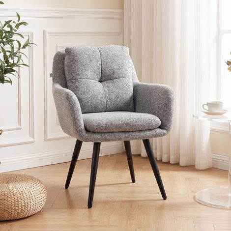 Fauteuil rembourré avec accoudoirs et pieds en métal gris clair