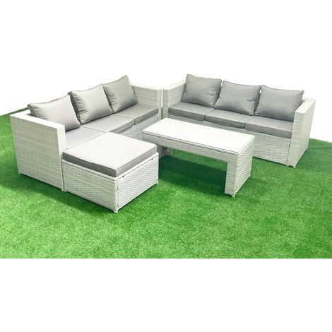 Fimous 7 Seater Garden Outdoor Rattan Furniture Set Rattan Garden Sofa Oblong Coffee Table with Big Footstool Light Grey Mixed (1/5)