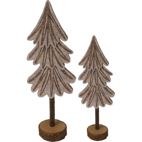 Rebecca Mobili Set 2 Mini Weihnachtsbäume in Grau Braun aus Filz mit Holzsockel