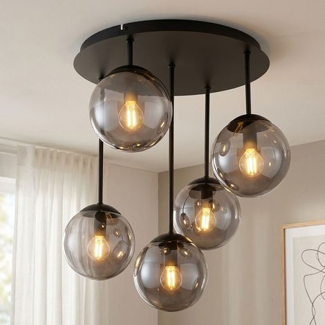 Plafonnier LED, lampe de salon à 5 ampoules, verre noir, H 51 cm (1/5)