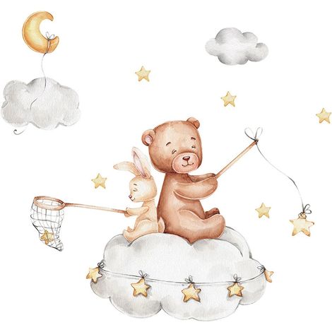 CCYKXA Wall Bear Rabbit Wall Stickers With Stars Moon Clouds Rabbit Bear Wall Sticker Kids Room Decals Children Animal Wall Stickers for Boy Girl Nursery 60 x 70 cm (1/5)