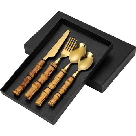 Sollbry Juego de utensilios de cocina occidentales de acero inoxidable, cuchillo, tenedor y cuchara para carne (juego de 4 piezas) (mango de acero inoxidable/bambú, color dorado) (1/4)