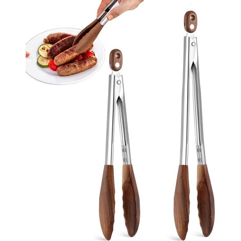 Ensemble de 2 ustensiles de cuisine en bois de noyer avec système de verrouillage et de suspension, pinces de cuisson et de service résistantes à la chaleur (1/5)