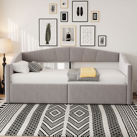 Polsterbett Sofabett, Mit hydraulischer Lagerung, Mit Lattenrost und Armlehnen, Klassisch Gestreift, Multifunktionales Einzelbett, Hautfreundlicher Samtstoff