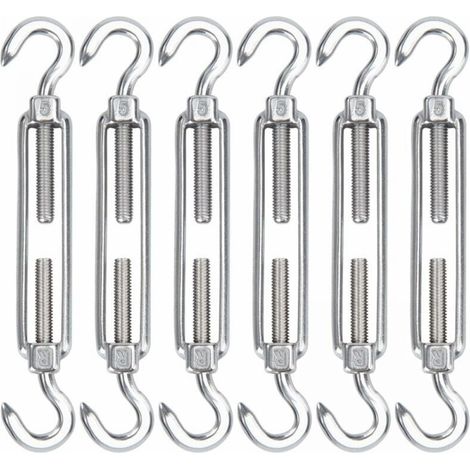 M5 Stainless Steel Cable Tensioners, 6 Pack Wire Rope Tensioner Hooks and Hooks, Adjustable Heavy Duty Tension Hooks and Wire Mesh for Shade Installation (1/4)