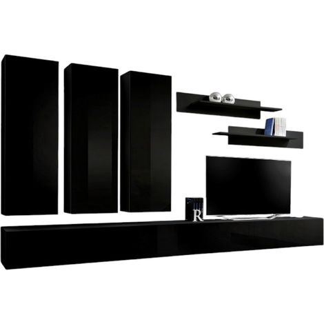 Mobile TV FLY E1 design, colore nero lucido. Mobile sospeso moderno e alla moda per il tuo soggiorno.