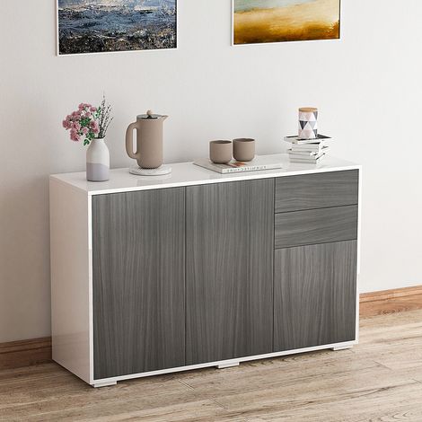 Armario multiusos para salón, cocina u oficina, con 2 cajones y 2 puertas correderas, color gris.