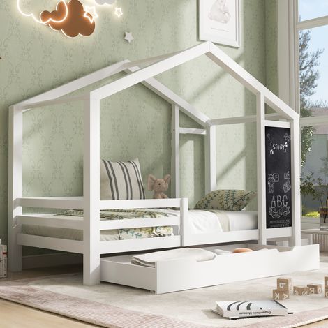 Lit cabane enfant 90x200 cm en bois massif avec tableau noir, 2 tiroirs, barrière et sommier, blanc (sans matelas)