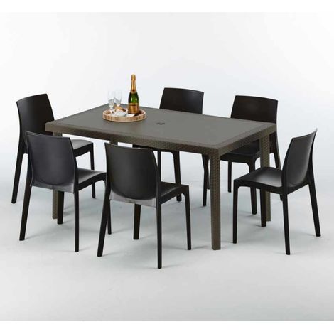 Tavolo Rettangolare Marrone 150x90 cm con 6 Sedie Colorate Focus