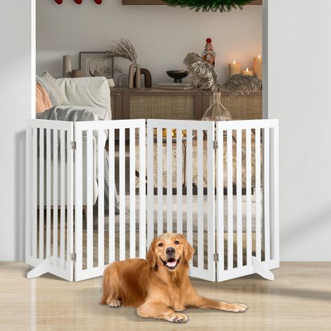 Barrière pour chien blanche en bois 89 cm 4 panneaux pliables avec charnières 360 et patins antidérapants pour portes et escaliers (1/5)