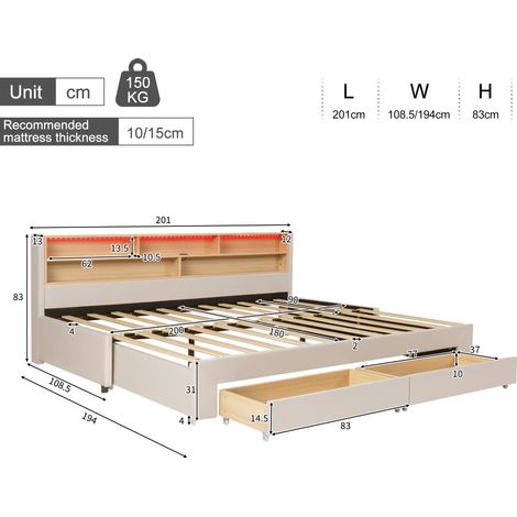 Lit daybed convertible 90x200 cm, canapé-lit avec 2 tiroirs de rangement, extensible à 180 cm, velours beige, éclairage LED et port USB, sofa de repos (1/5)