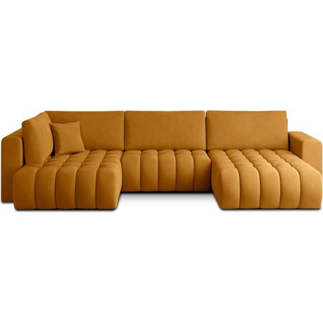 Canapé d'angle BONITA convertible 6 places jaune orangé tissu – droit – 350x175cm (1/3)