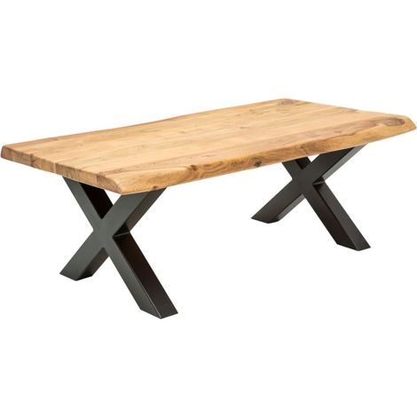 Couchtisch ARKAYA 110 cm aus massivem Akazienholz mit schwarzen Metallbeinen in X-Form